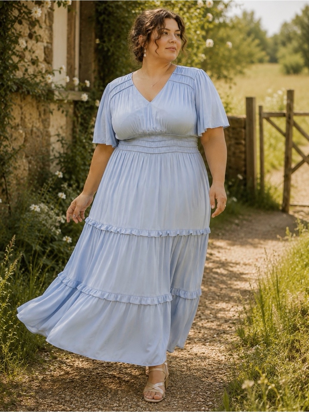 NWT Celadon Blue Ruffled Tiered Maxi Dress Flutter Sleeve XL